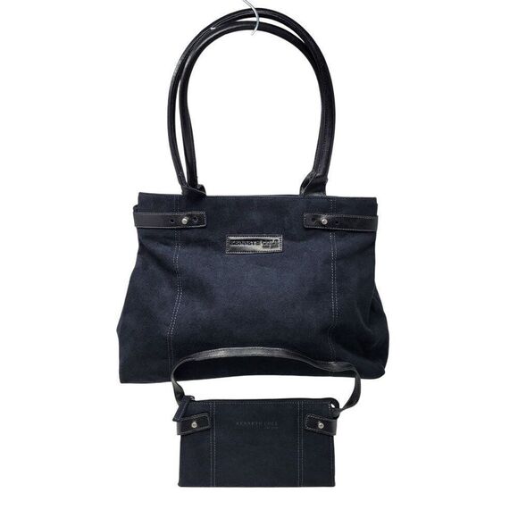 Kenneth Cole Black Suede Top Handle Tote & Mini Bag Wallet Contrast Stitching - Picture 1 of 16